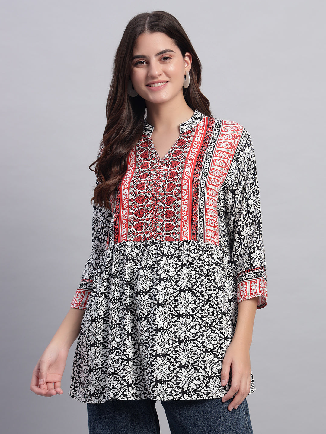 Women Black & White Split Neck Peplum Short Kurti