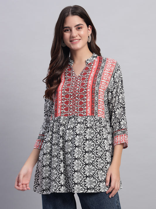 Women Black & White Split Neck Peplum Short Kurti