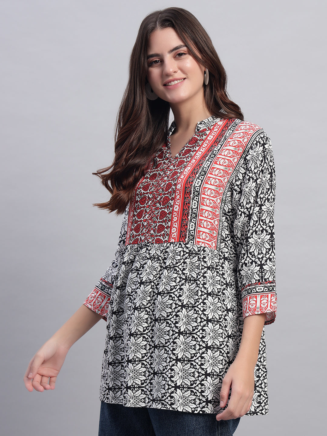 Women Black & White Split Neck Peplum Short Kurti