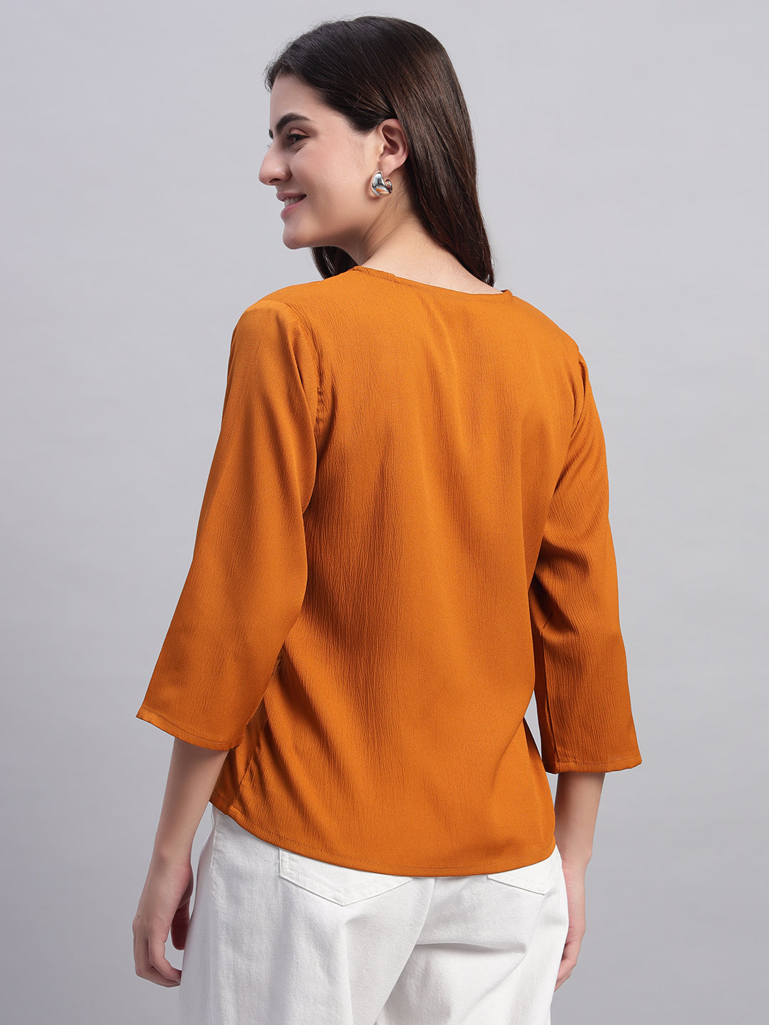 Women Mustard V-neck Straight Wrap Top