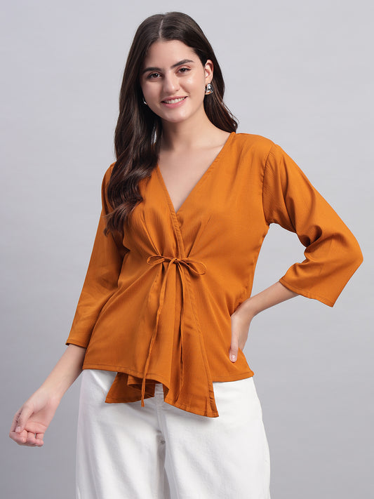 Women Mustard V-neck Straight Wrap Top