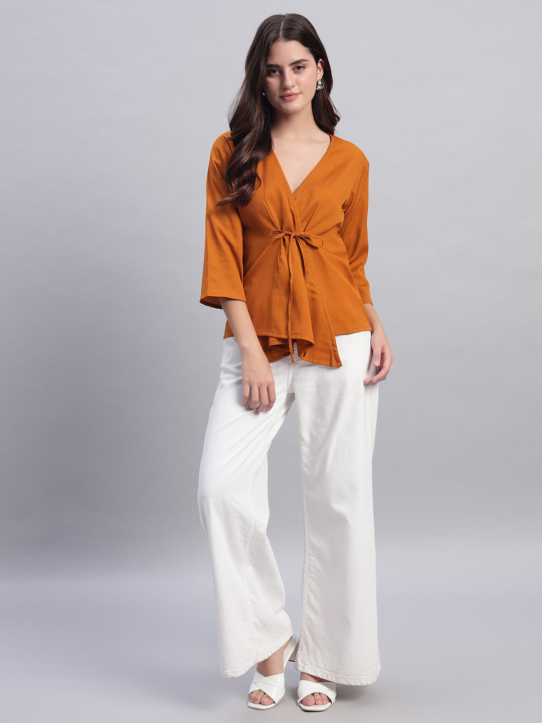 Women Mustard V-neck Straight Wrap Top
