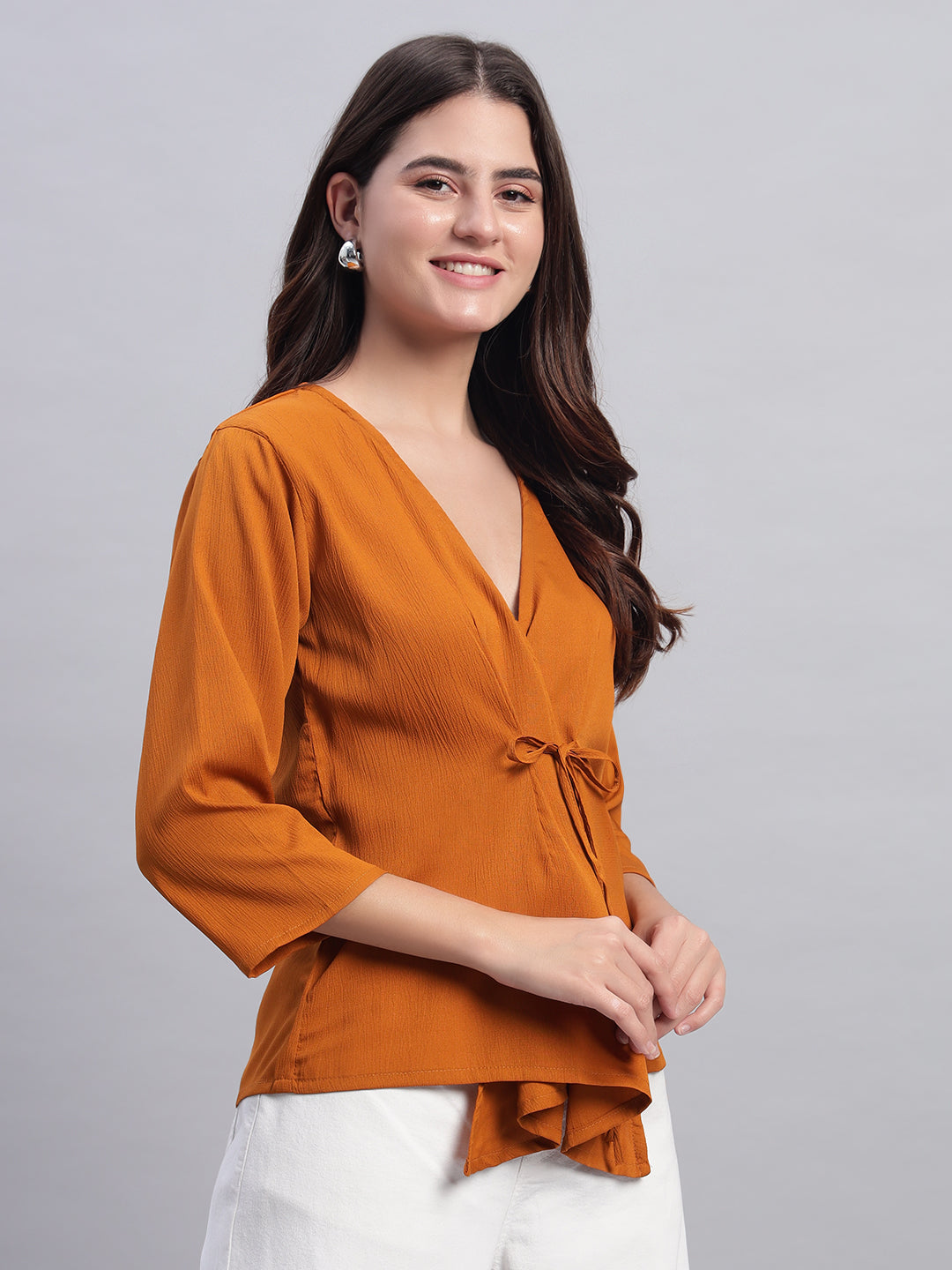 Women Mustard V-neck Straight Wrap Top