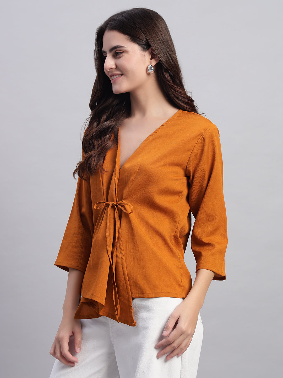 Women Mustard V-neck Straight Wrap Top