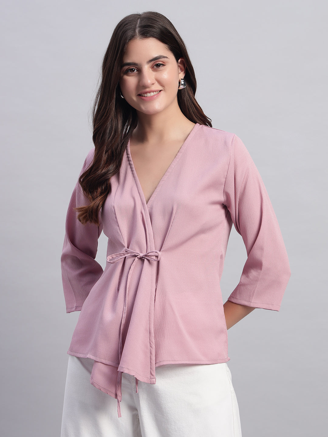 Women Pink V-neck Straight Wrap Top