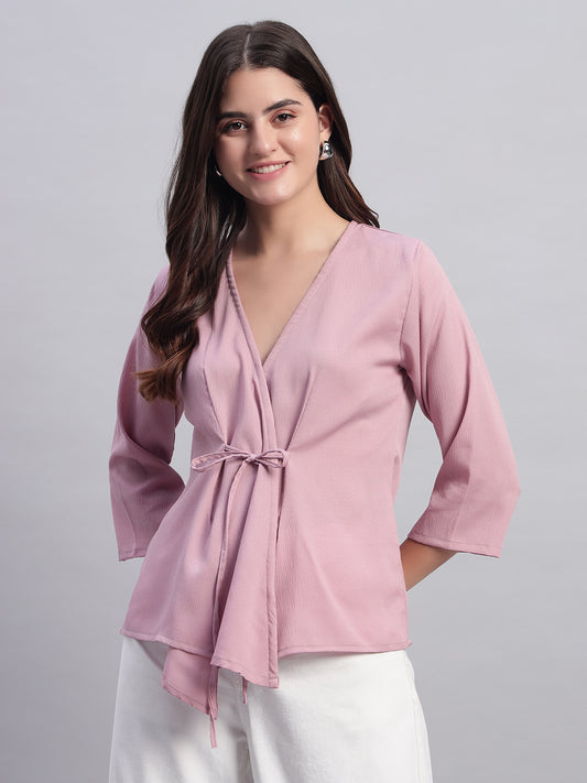 Women Pink V-neck Straight Wrap Top