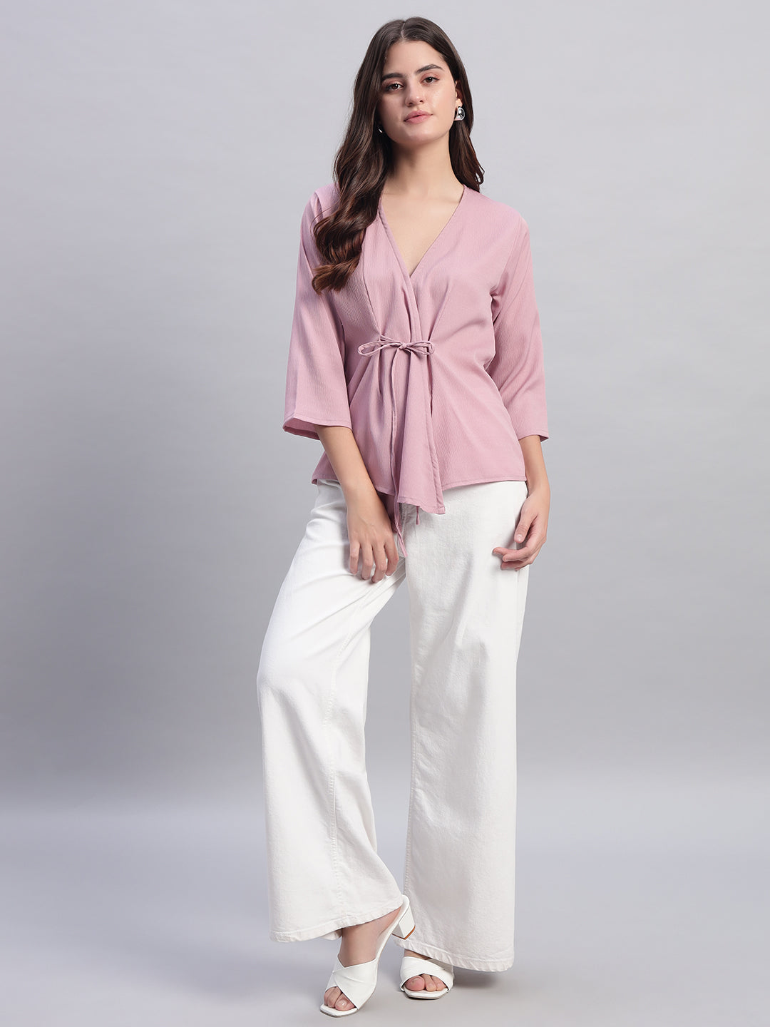 Women Pink V-neck Straight Wrap Top