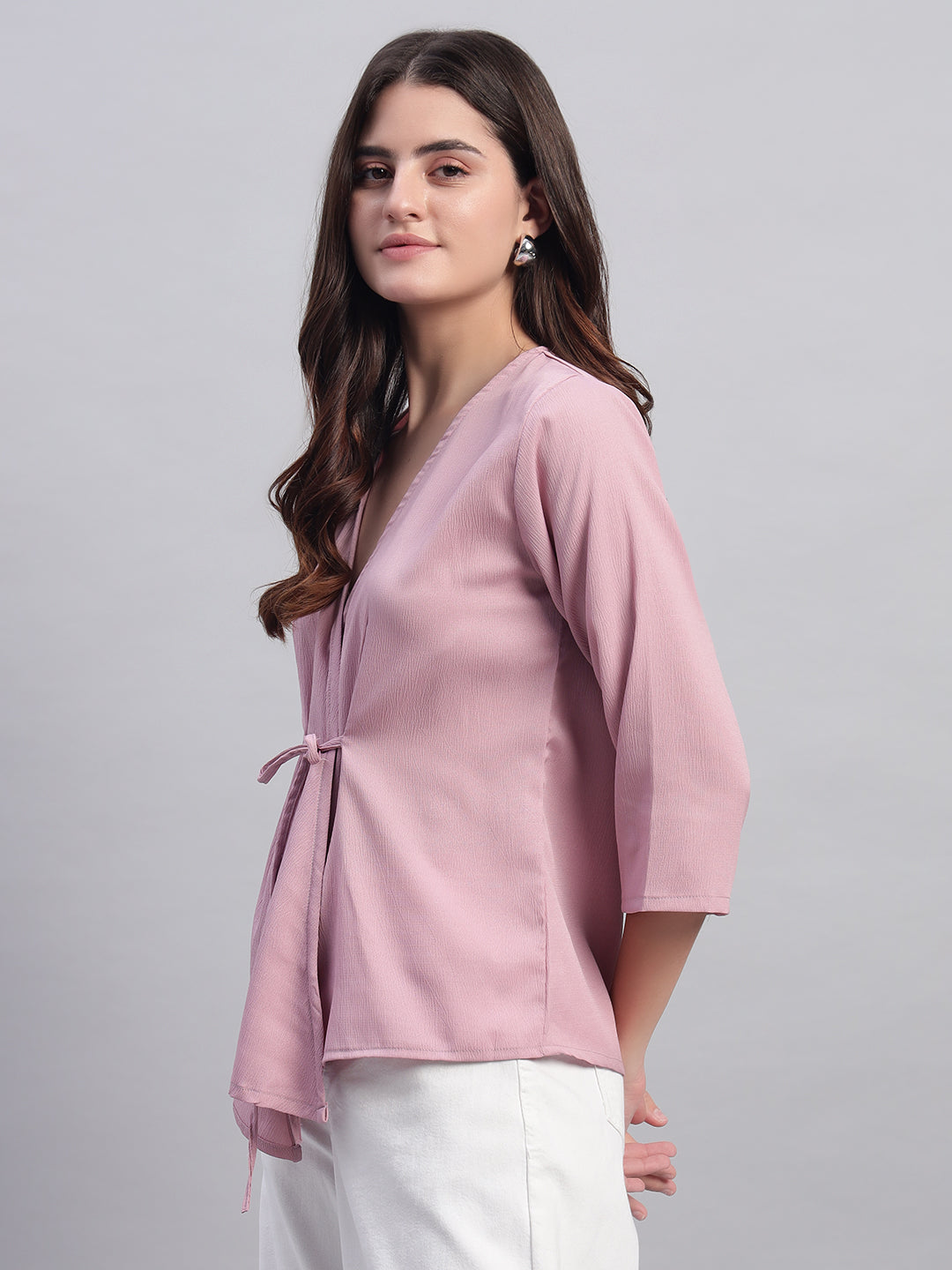 Women Pink V-neck Straight Wrap Top