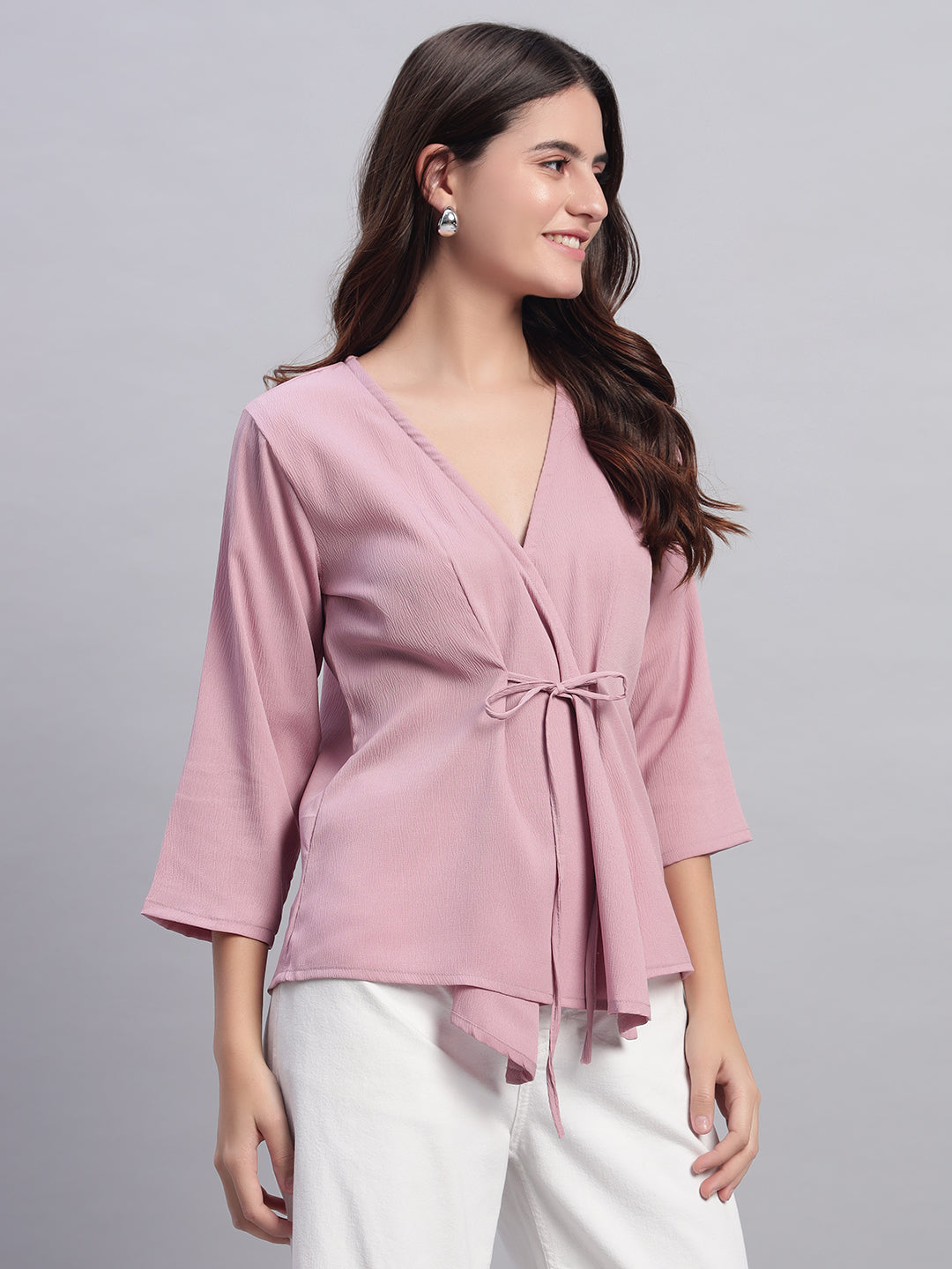 Women Pink V-neck Straight Wrap Top