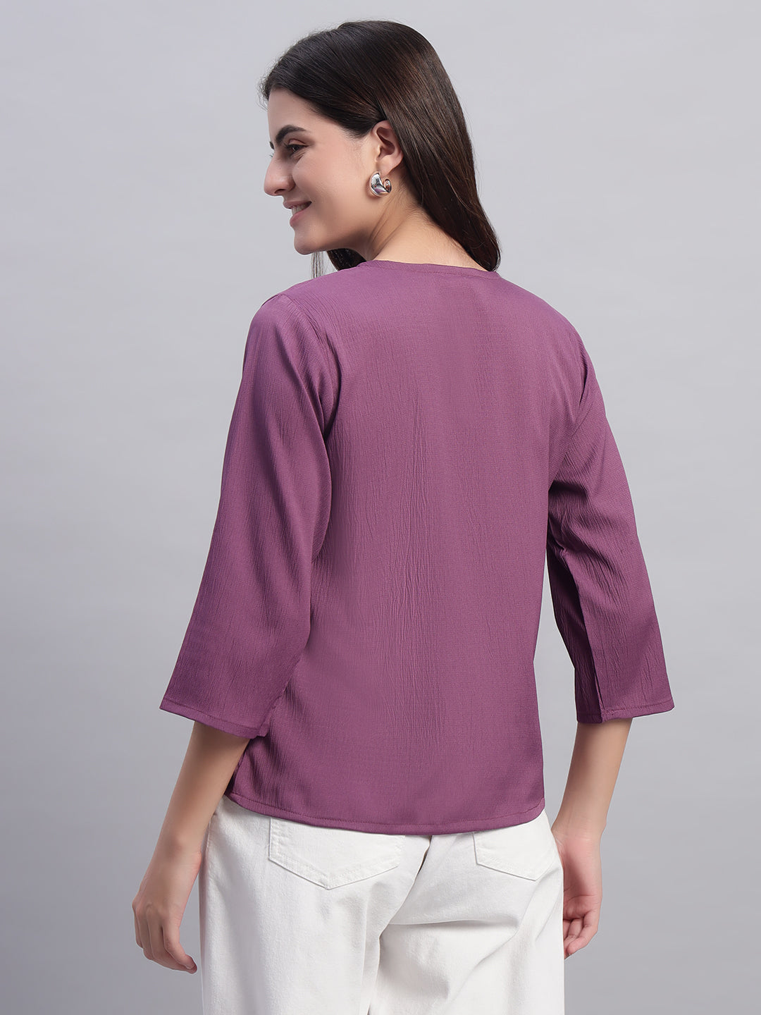 Women Purple V-neck Straight Sleeve Wrap Top
