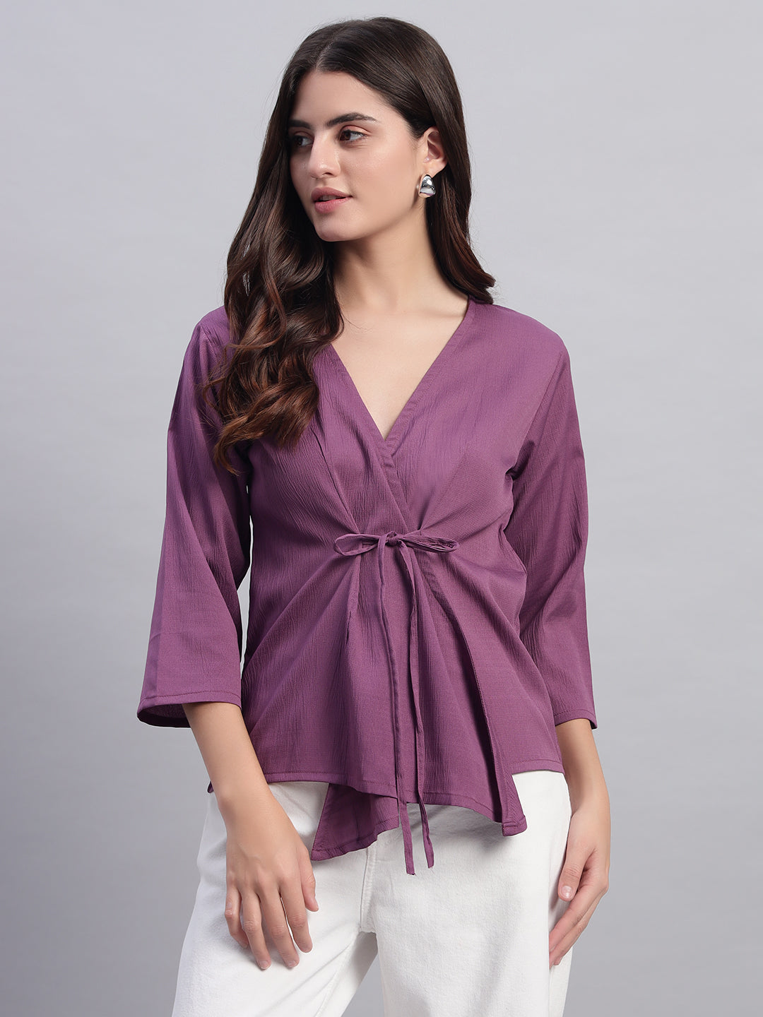 Women Purple V-neck Straight Sleeve Wrap Top
