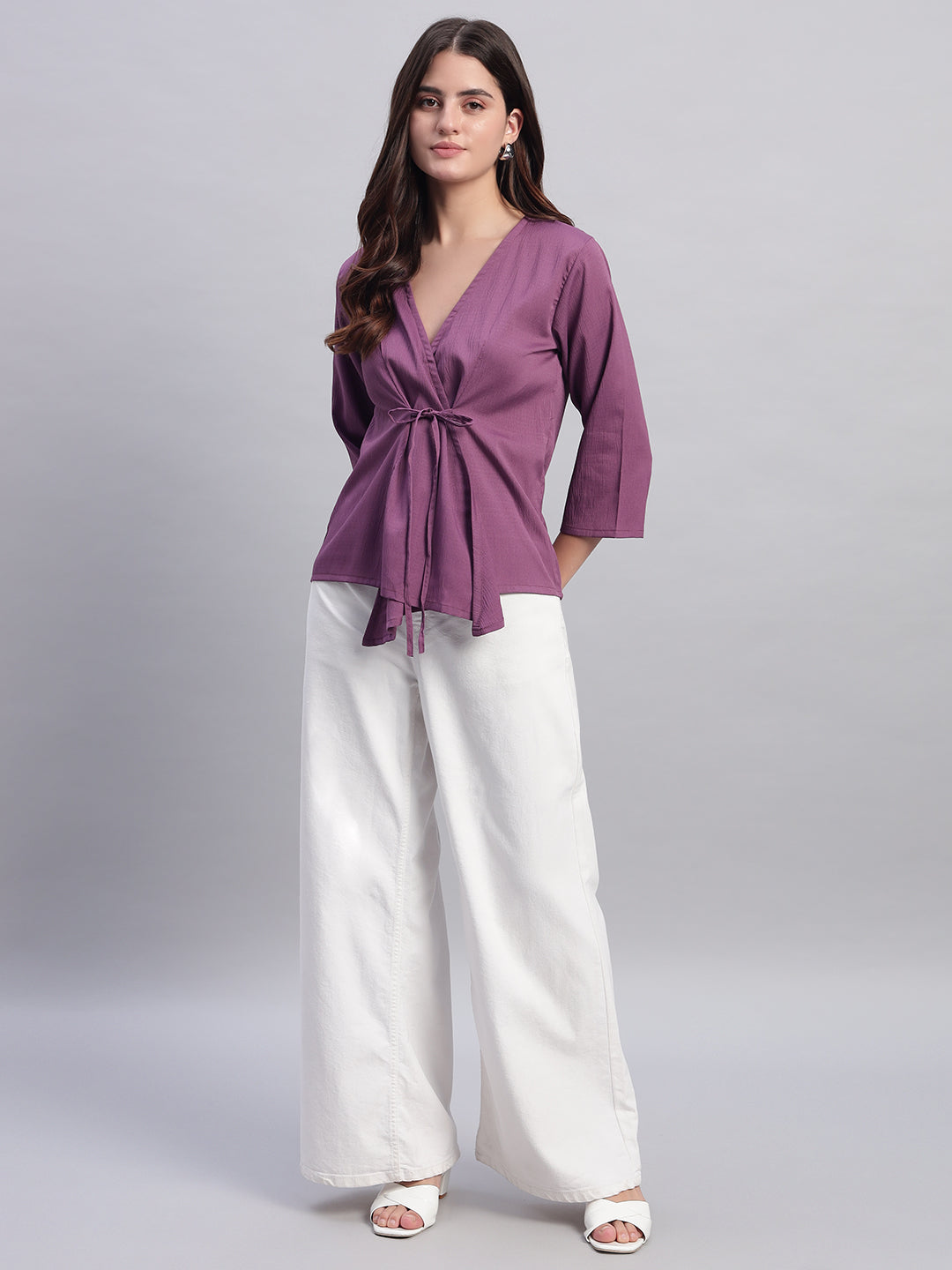 Women Purple V-neck Straight Sleeve Wrap Top