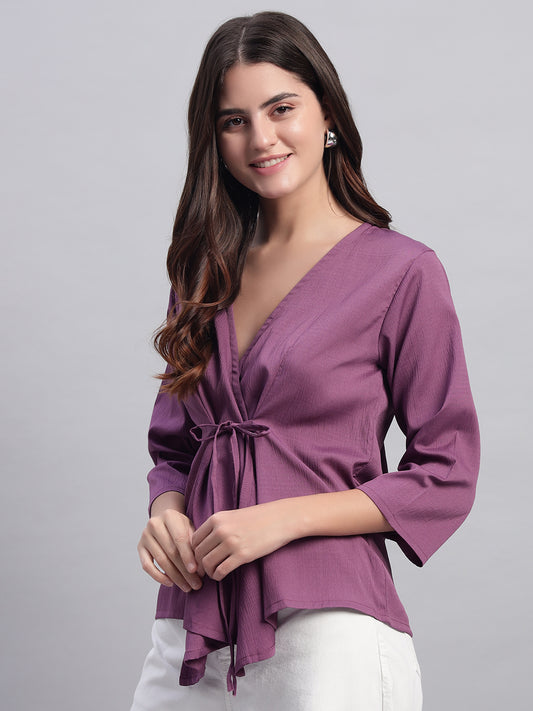 Women Purple V-neck Straight Sleeve Wrap Top