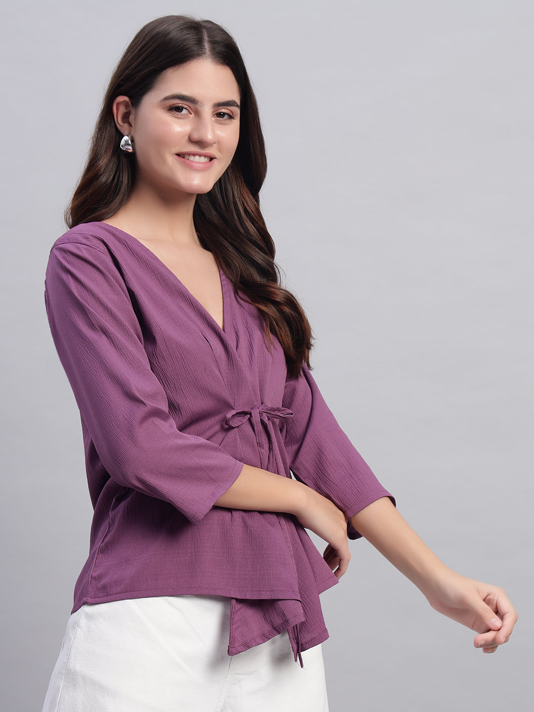 Women Purple V-neck Straight Sleeve Wrap Top