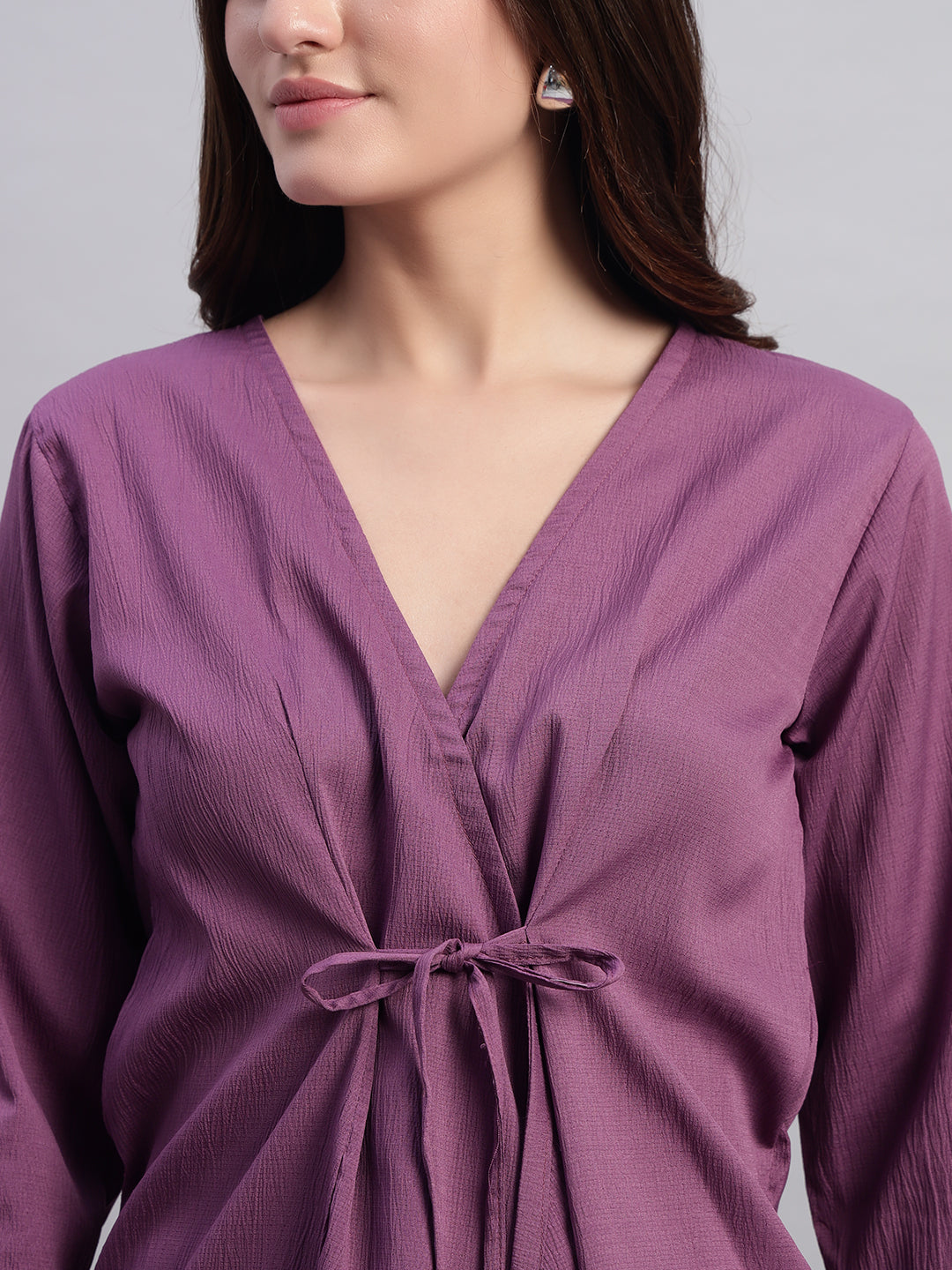 Women Purple V-neck Straight Sleeve Wrap Top