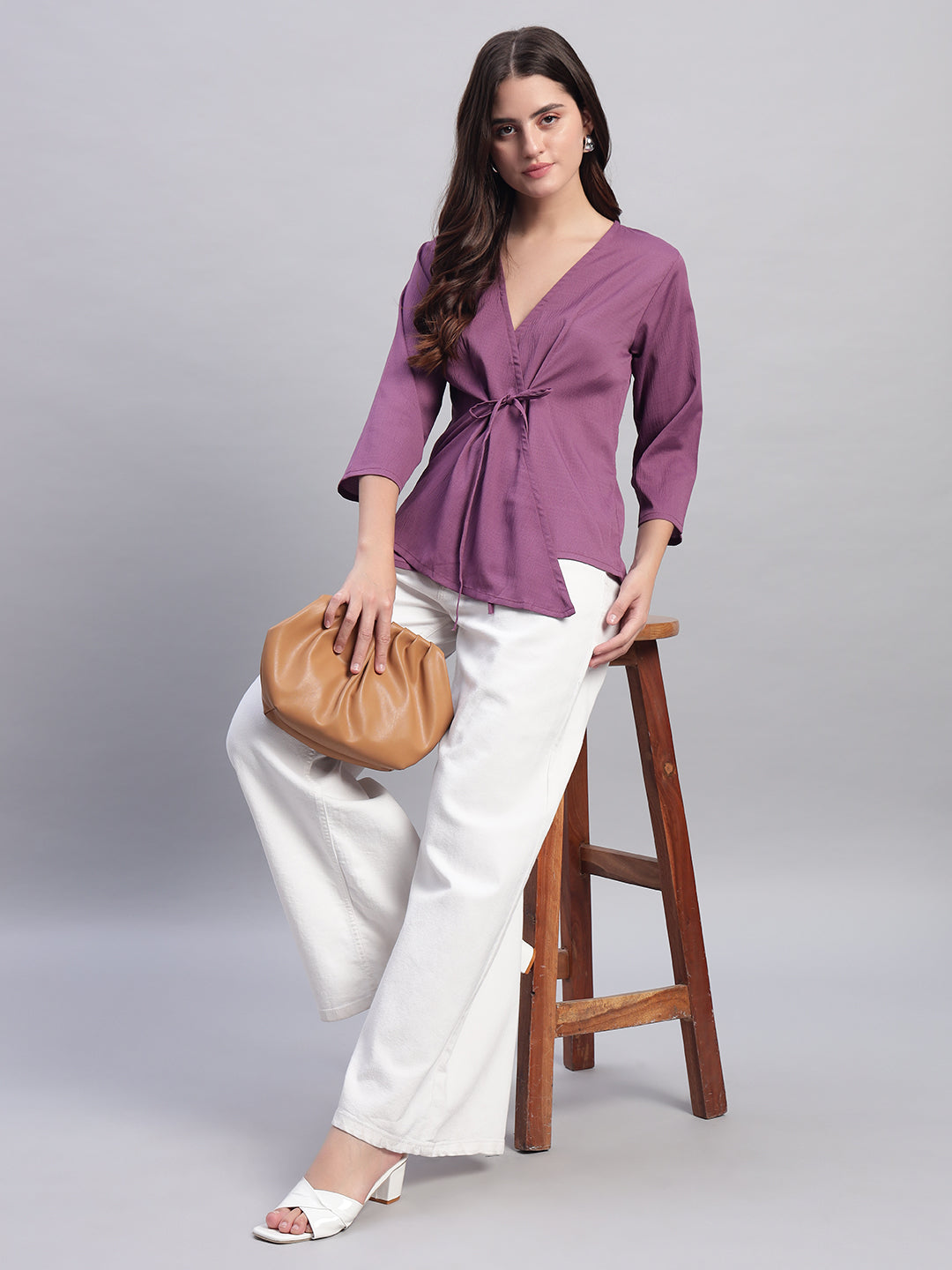 Women Purple V-neck Straight Sleeve Wrap Top