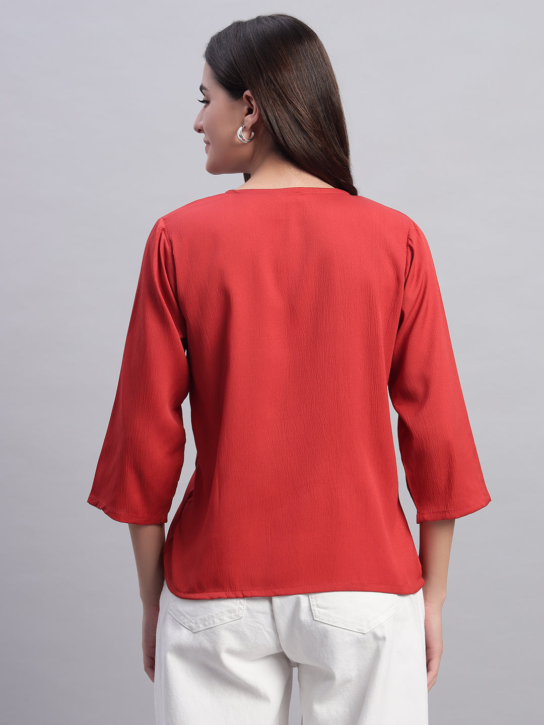 Women Red V-neck Straight Sleeve Wrap Top