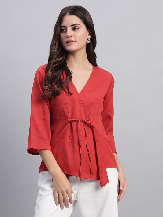 Women Red V-neck Straight Sleeve Wrap Top