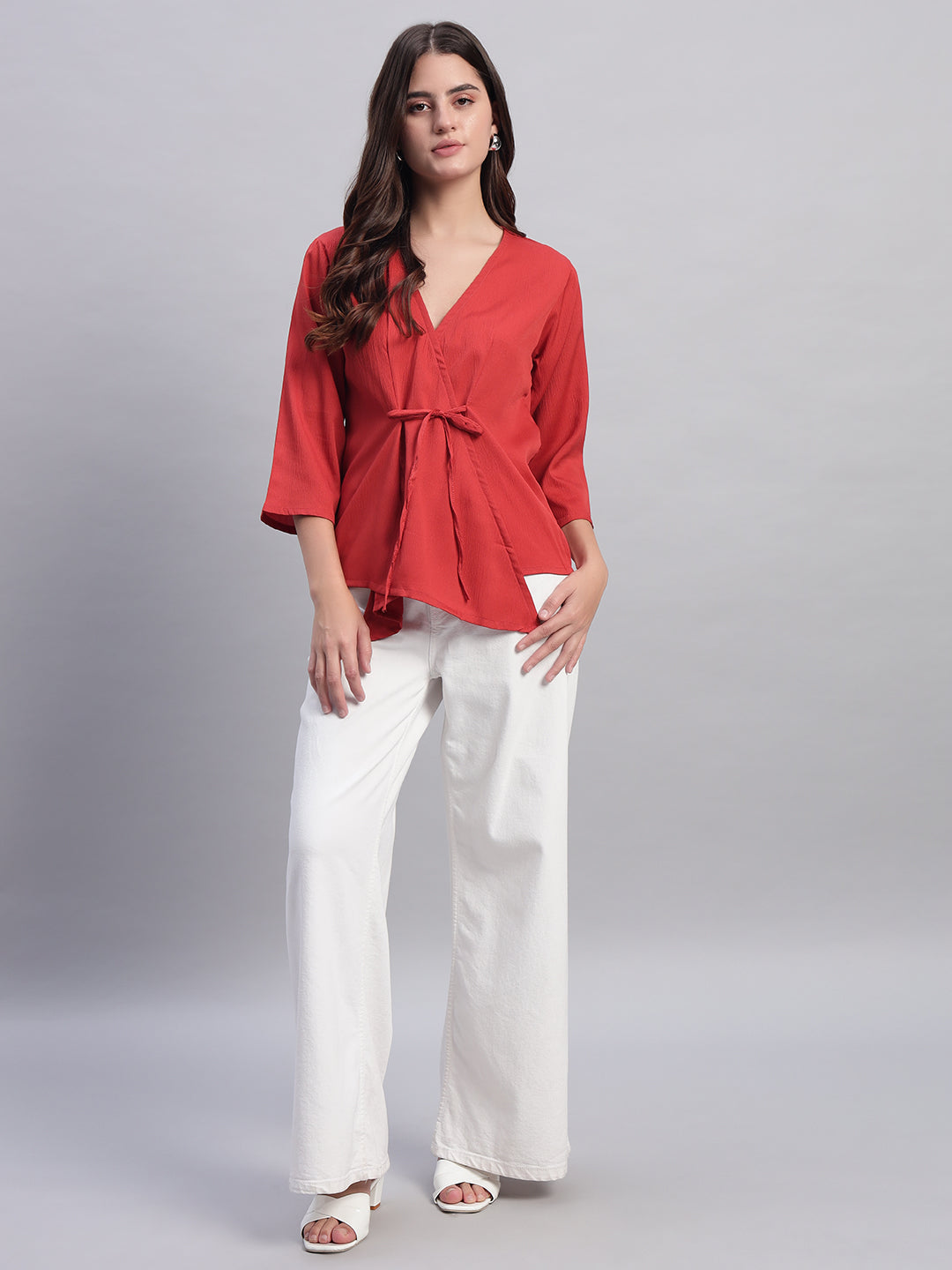 Women Red V-neck Straight Sleeve Wrap Top