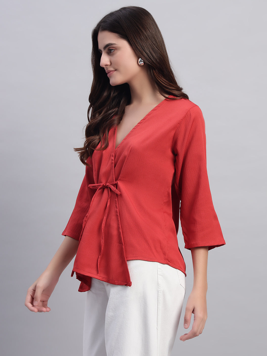 Women Red V-neck Straight Sleeve Wrap Top