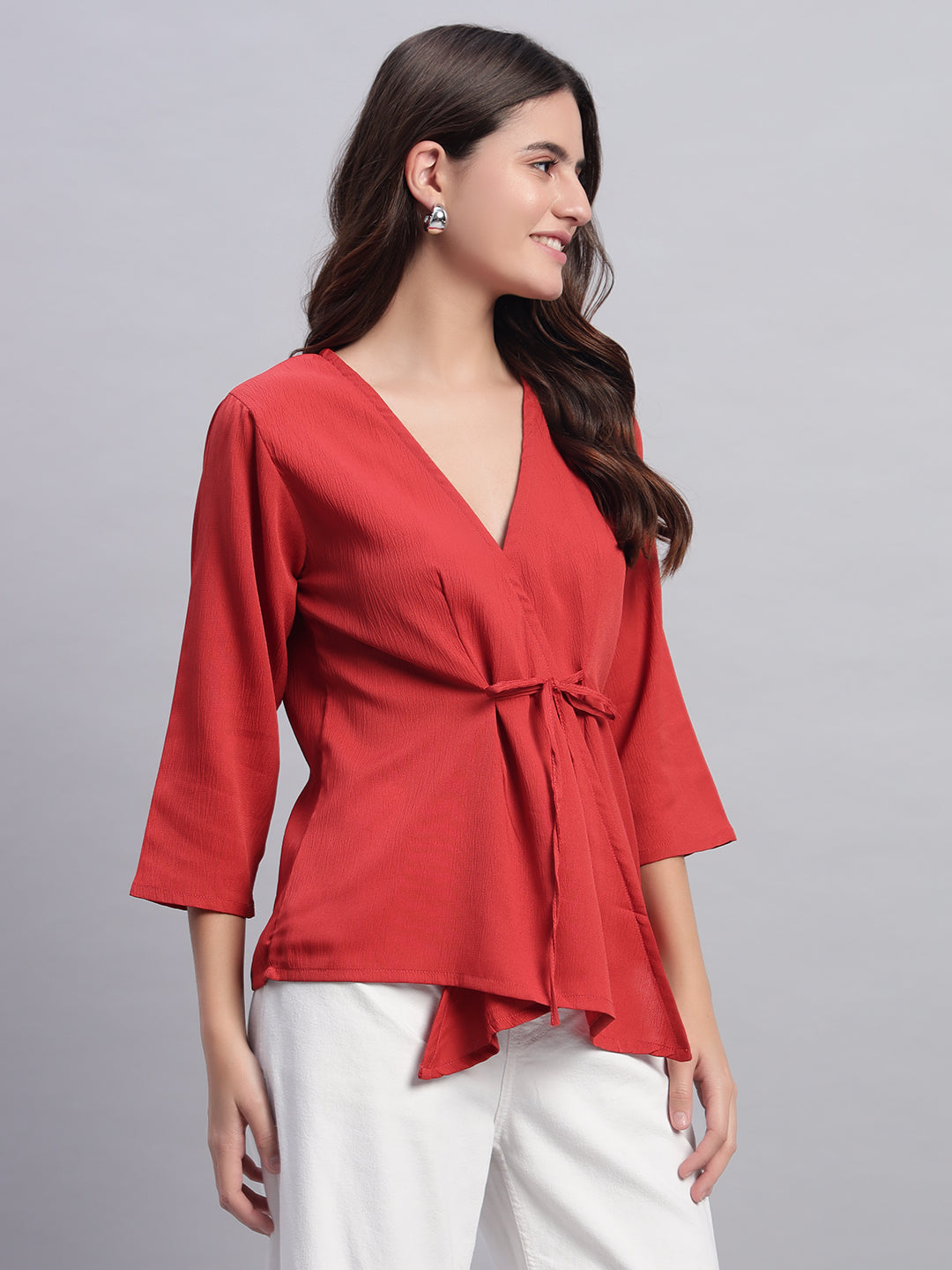 Women Red V-neck Straight Sleeve Wrap Top