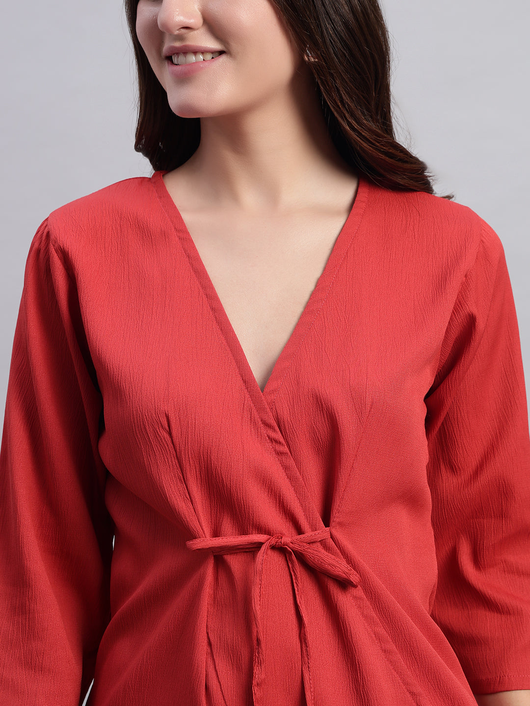 Women Red V-neck Straight Sleeve Wrap Top