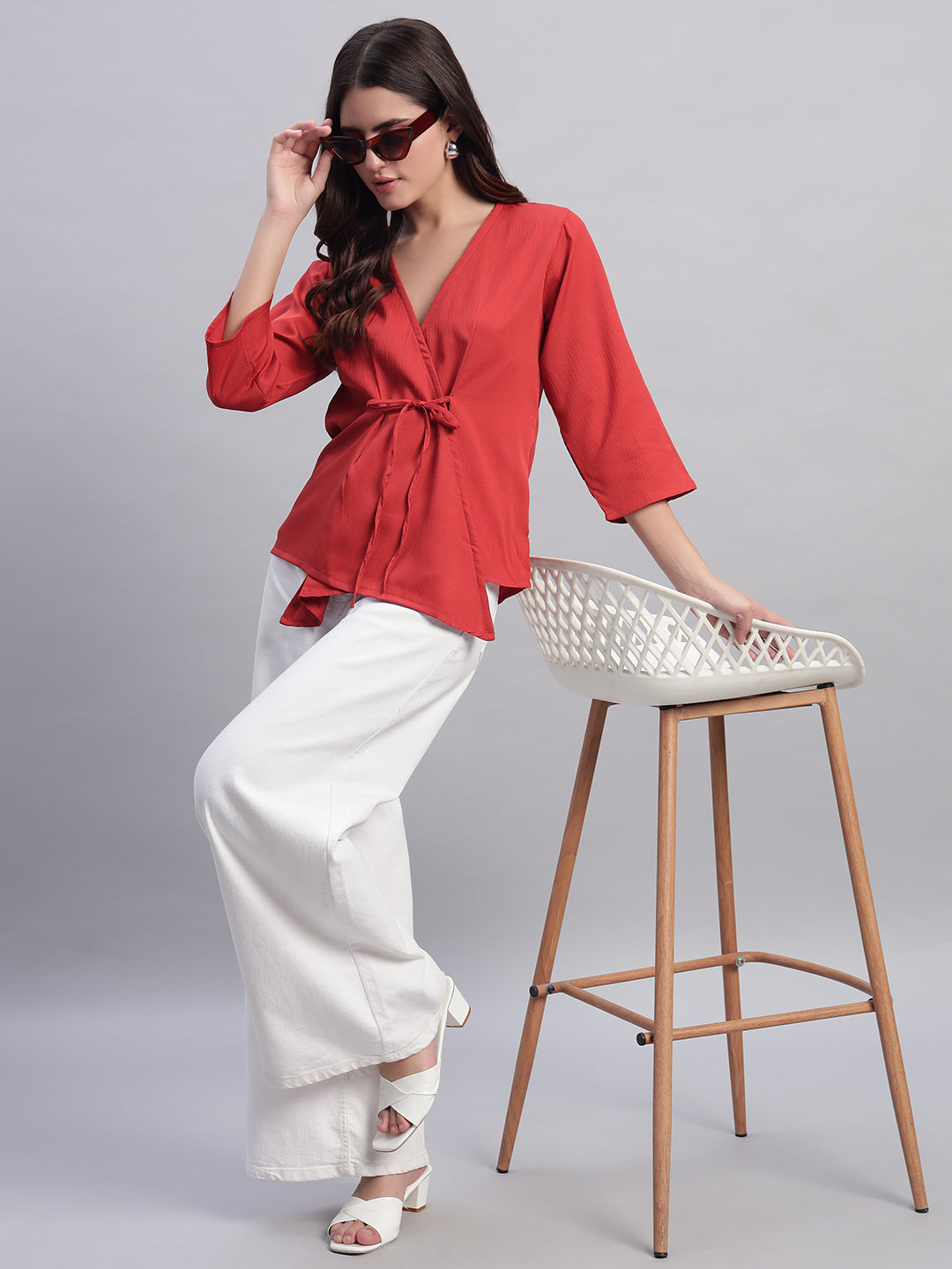 Women Red V-neck Straight Sleeve Wrap Top