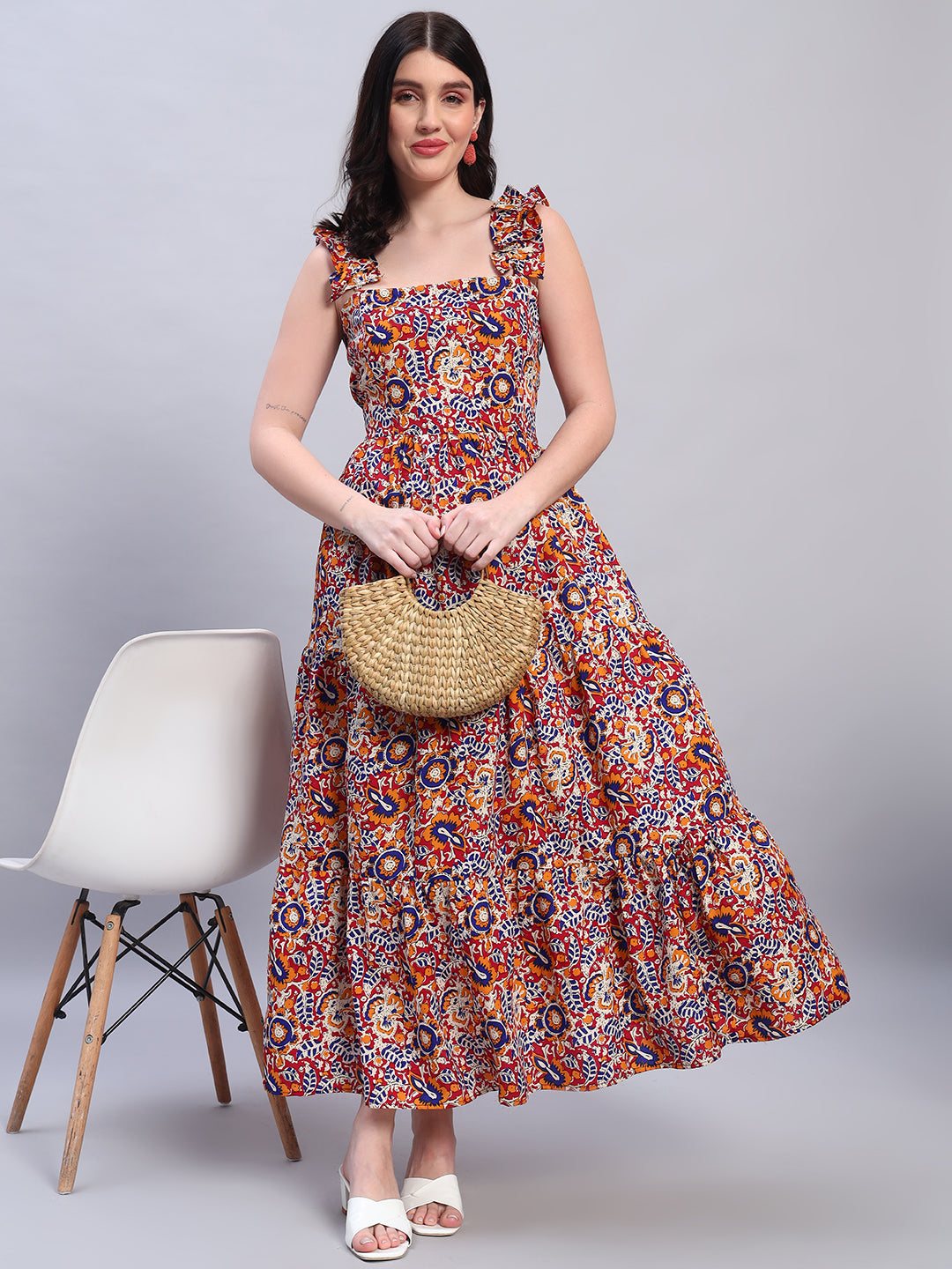 Women Floral Maroon Flared Dress