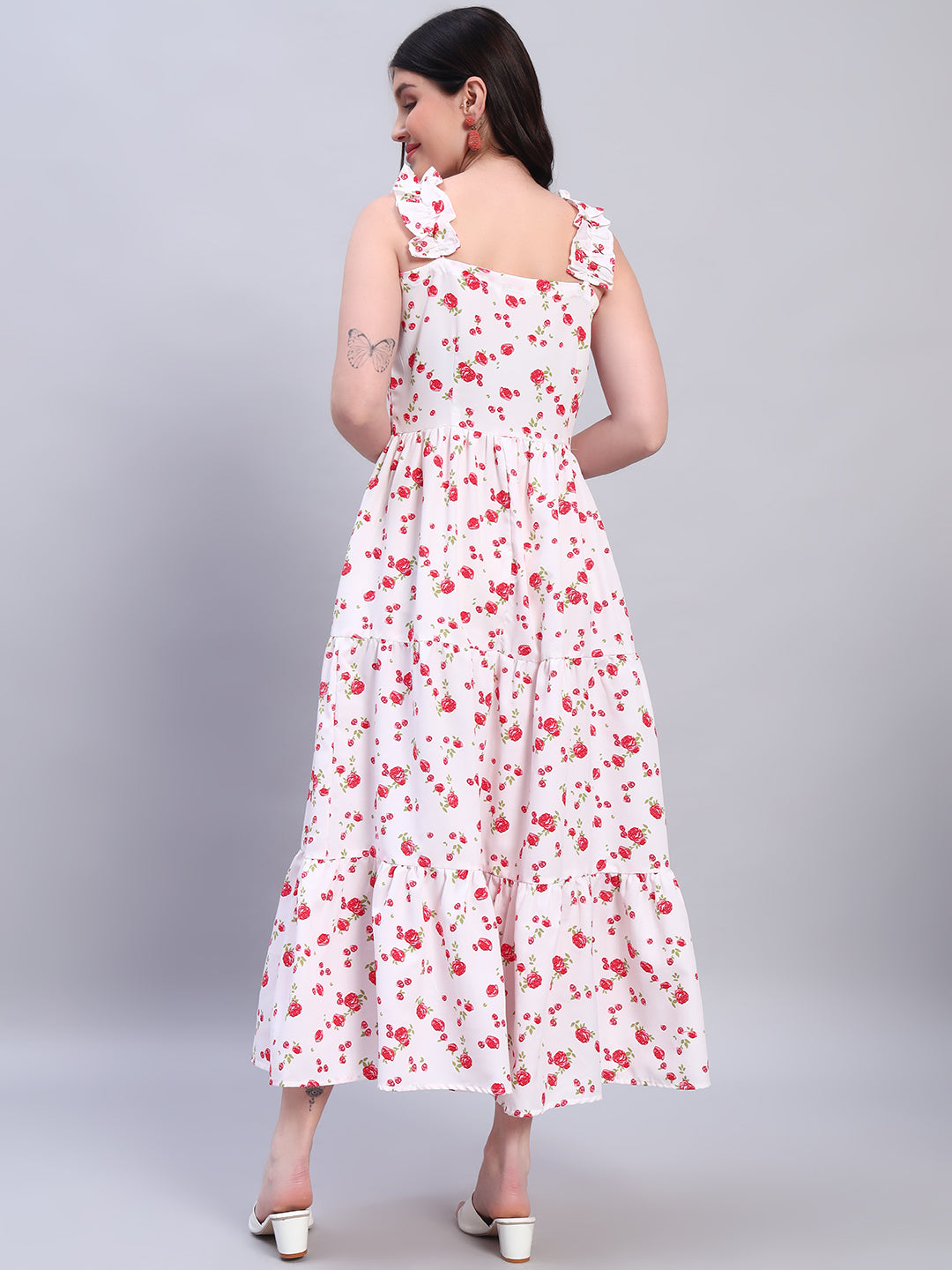 Women Floral White & Red Dress