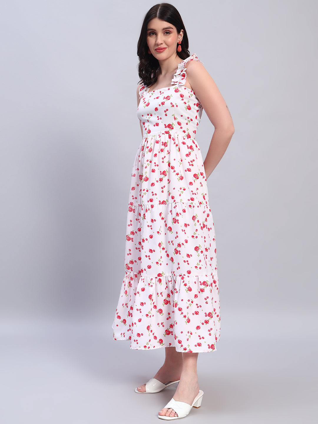 Women Floral White & Red Dress
