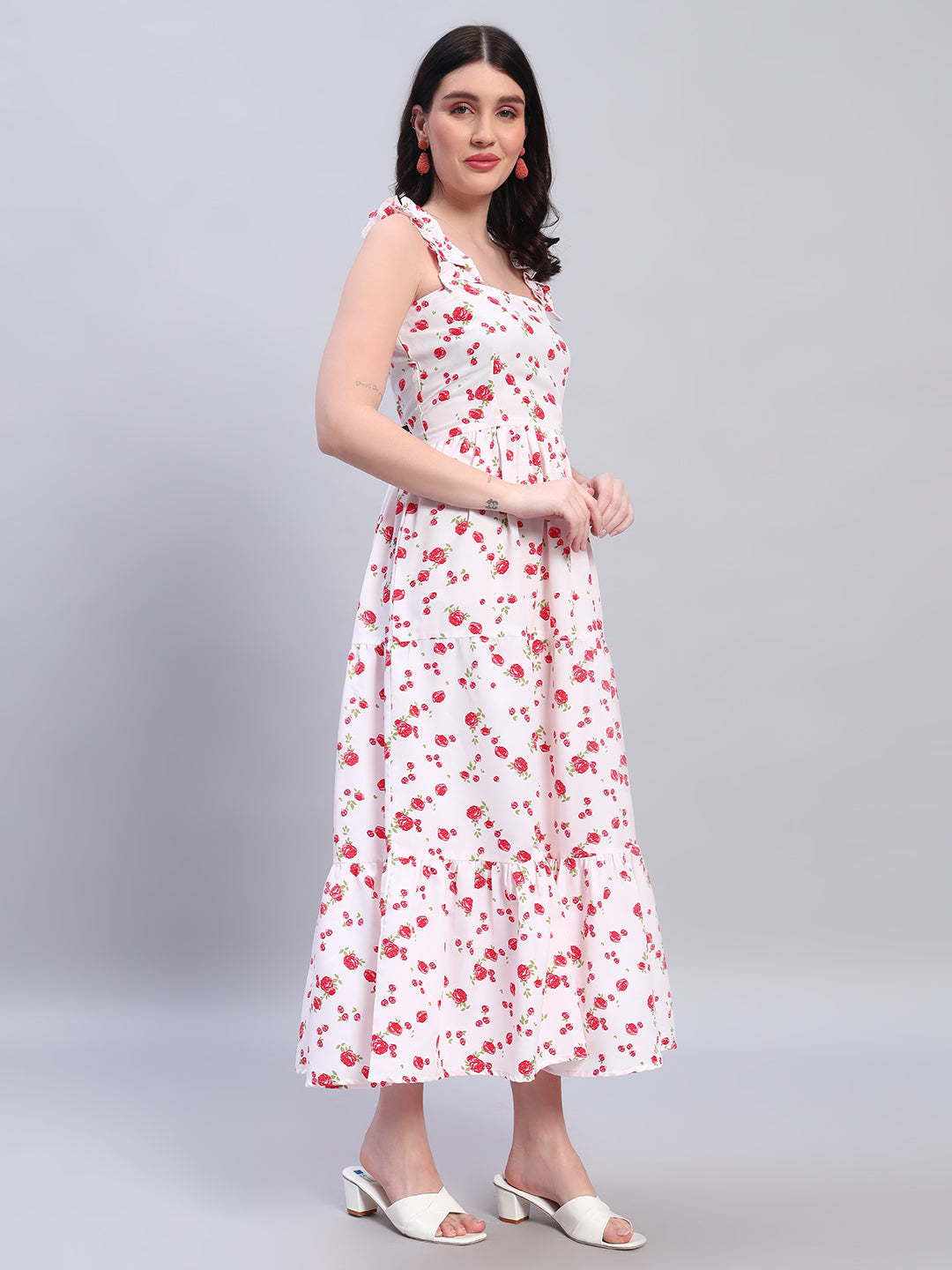 Women Floral White & Red Dress