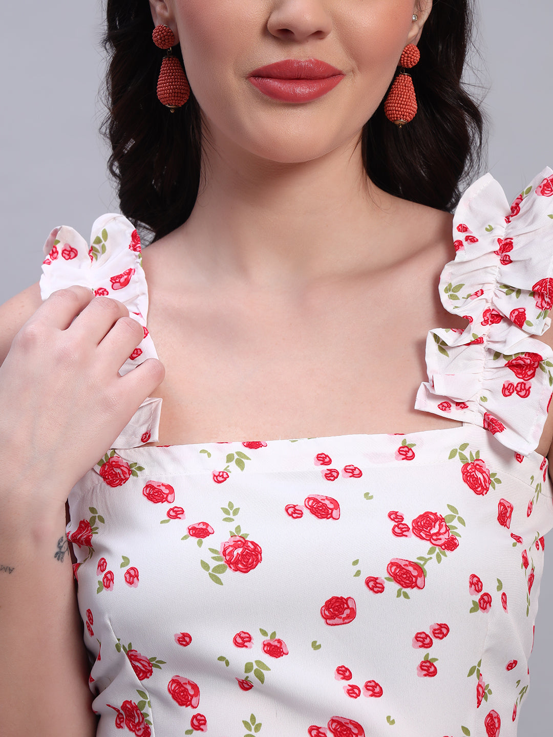 Women Floral White & Red Dress