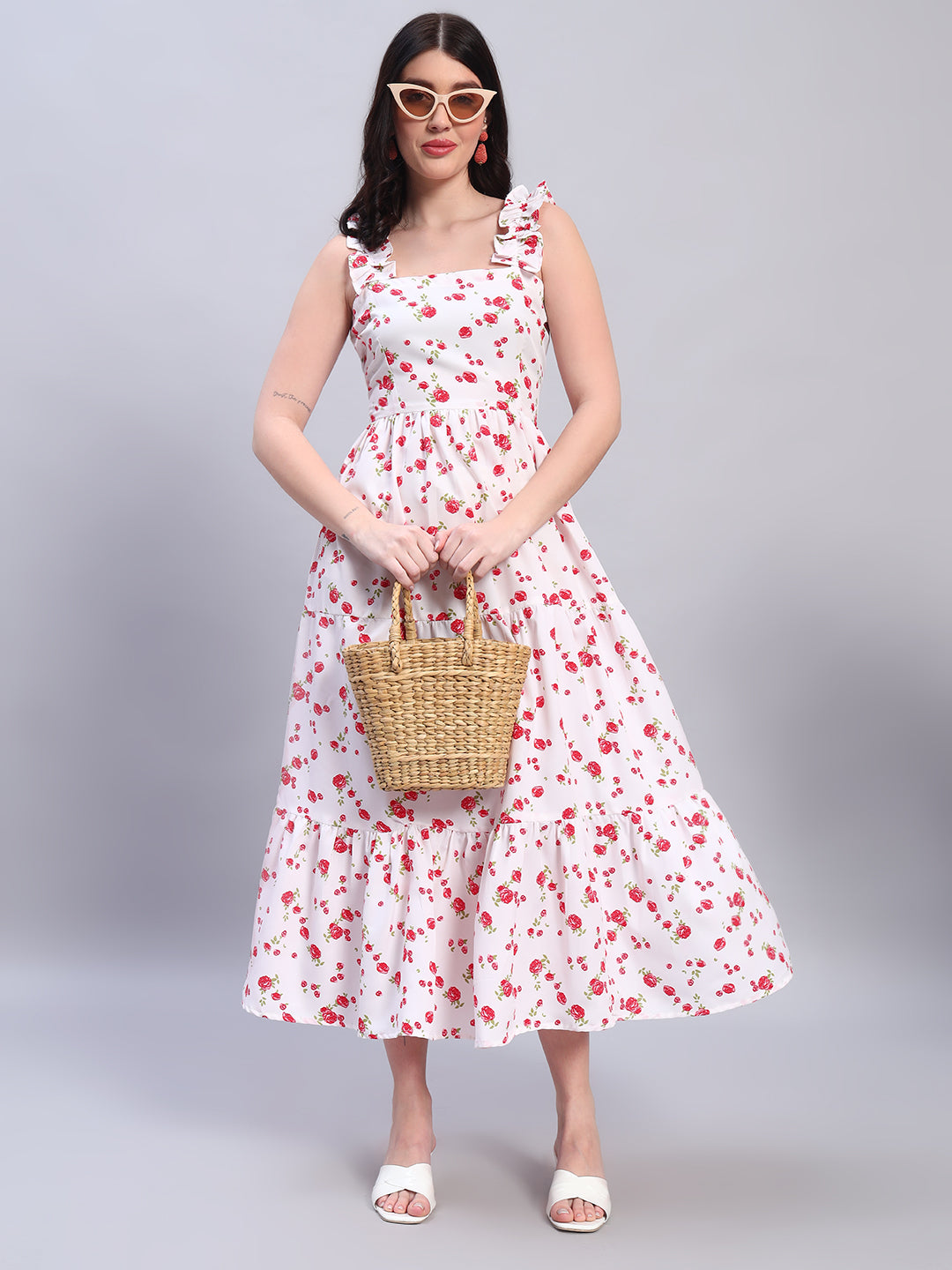 Women Floral White & Red Dress