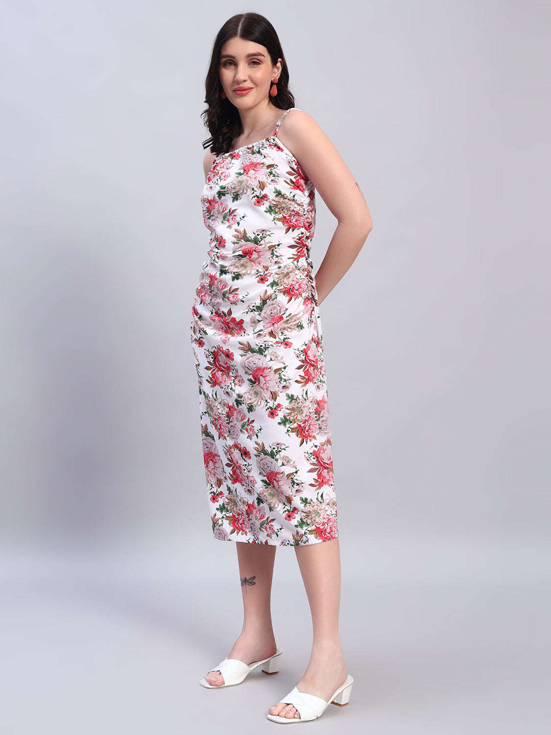 Women Floral Printed Pink & White Dress
