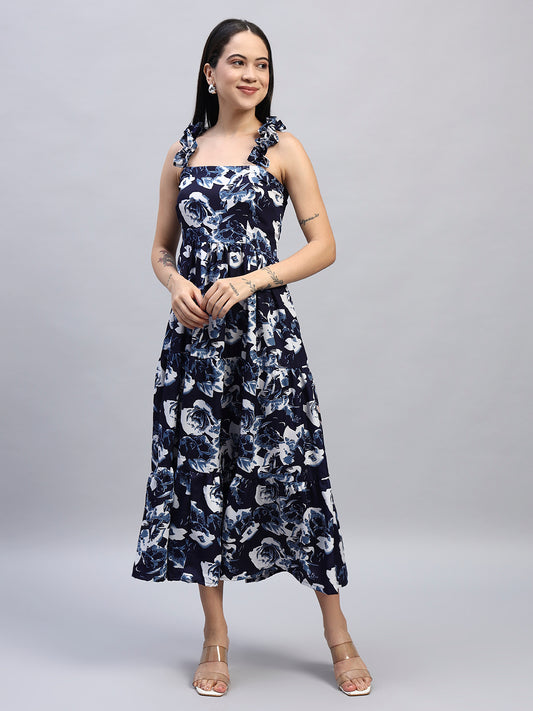 Women Floral Printed Blue Dress
