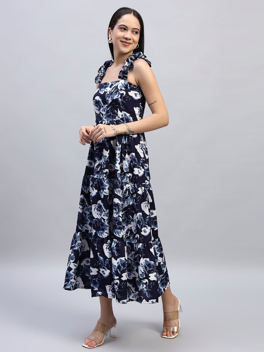 Women Floral Printed Blue Dress