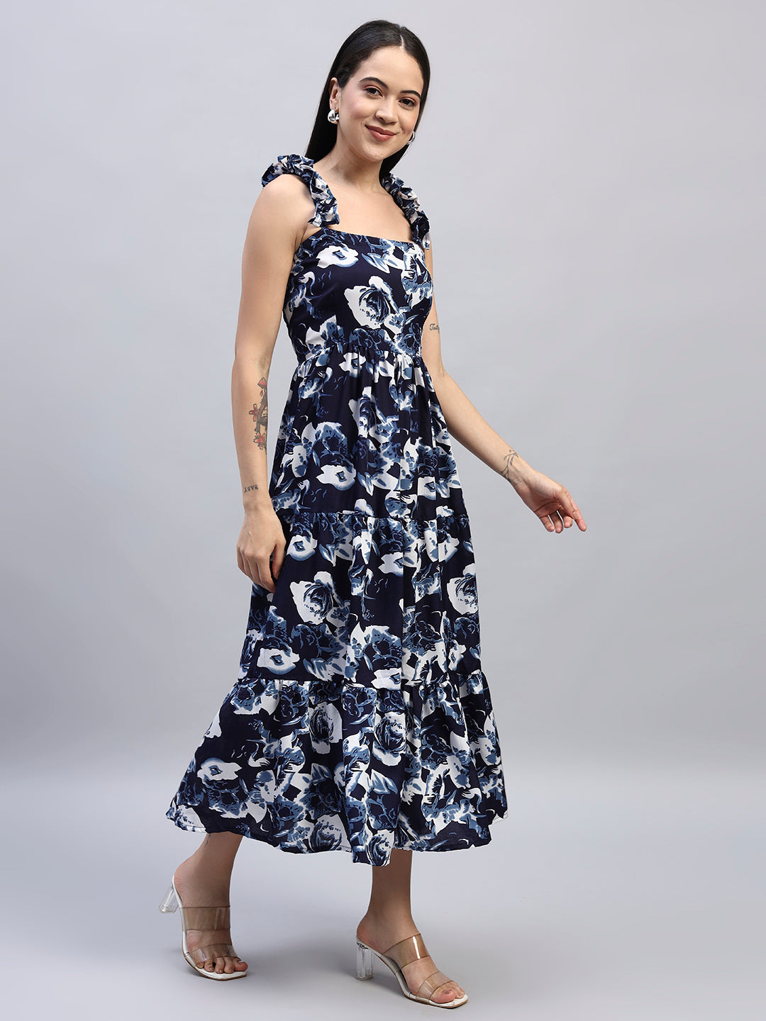 Women Floral Printed Blue Dress