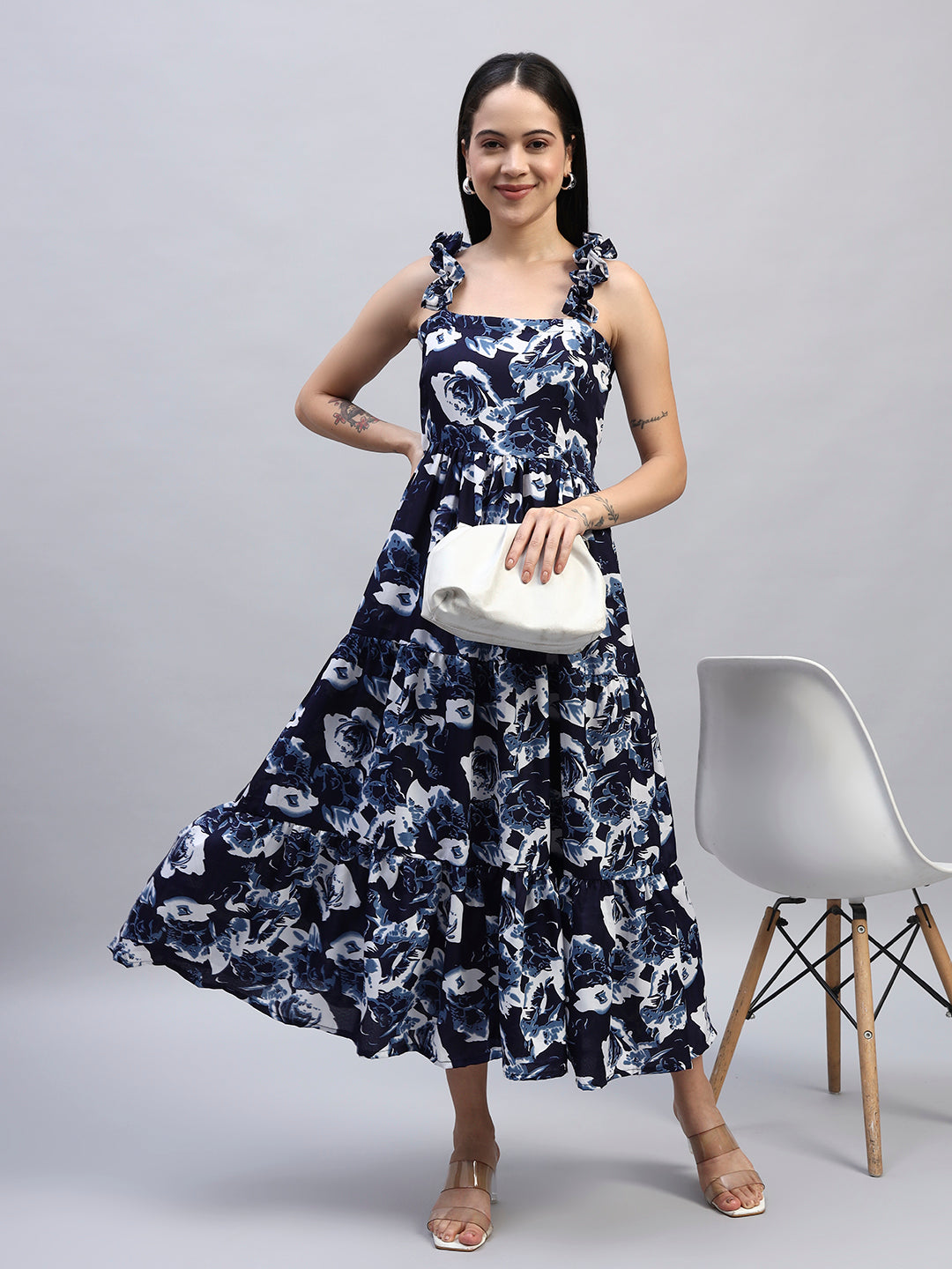 Women Floral Printed Blue Dress