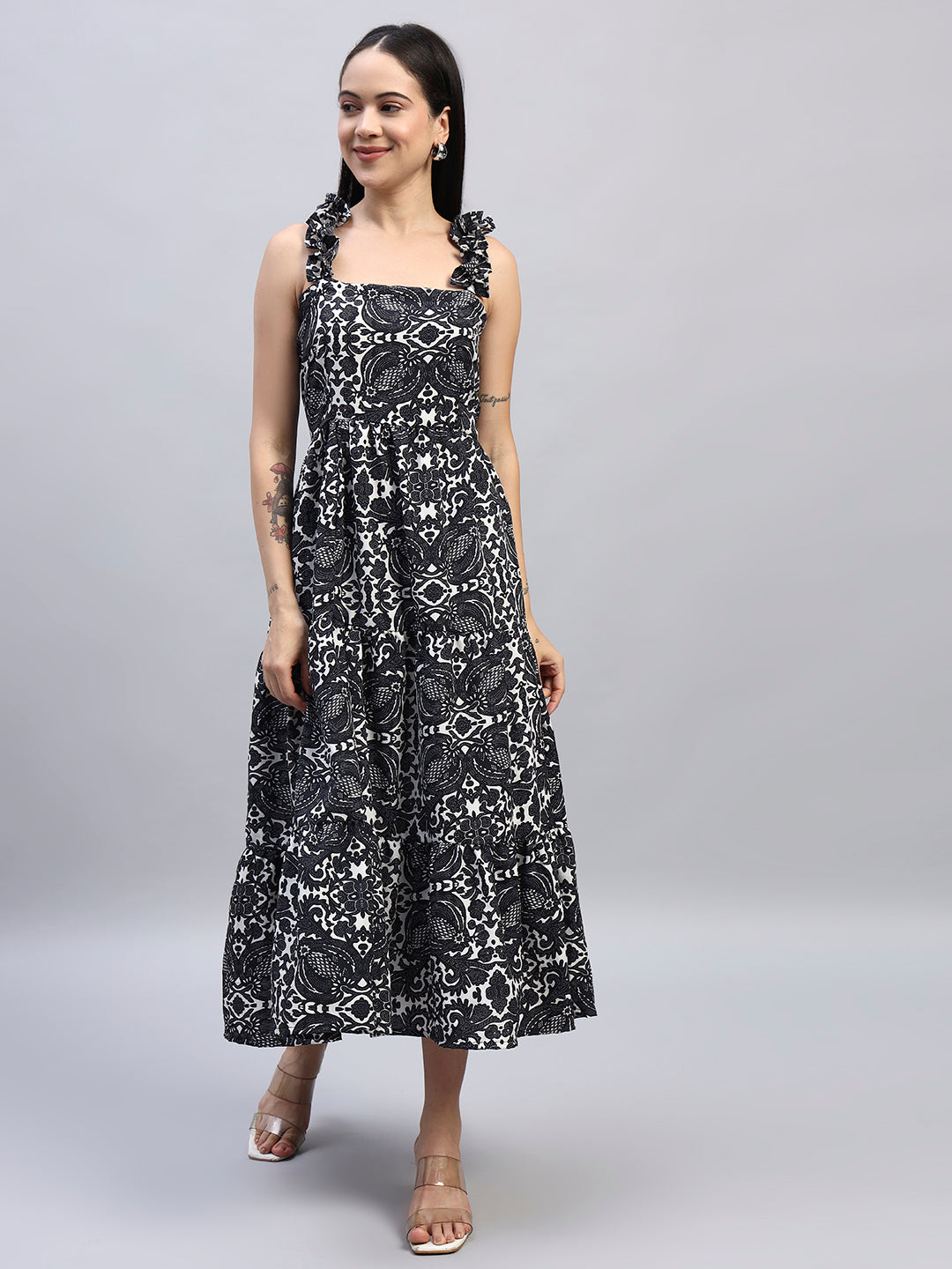 Women Flared Black & White Dress