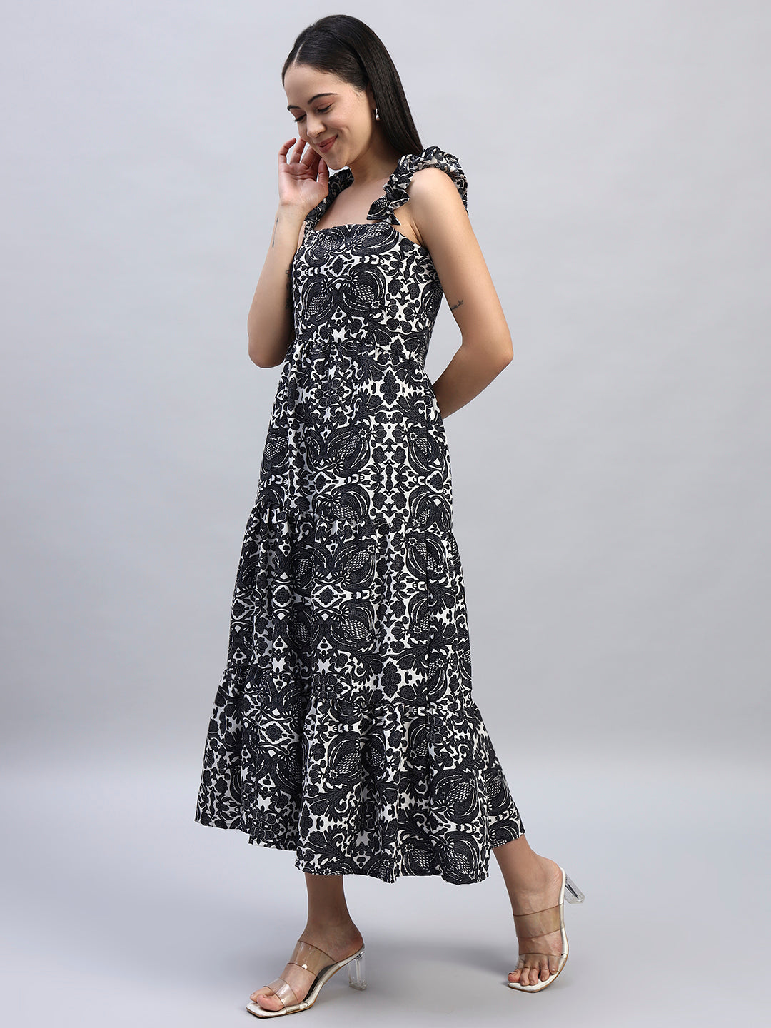 Women Flared Black & White Dress
