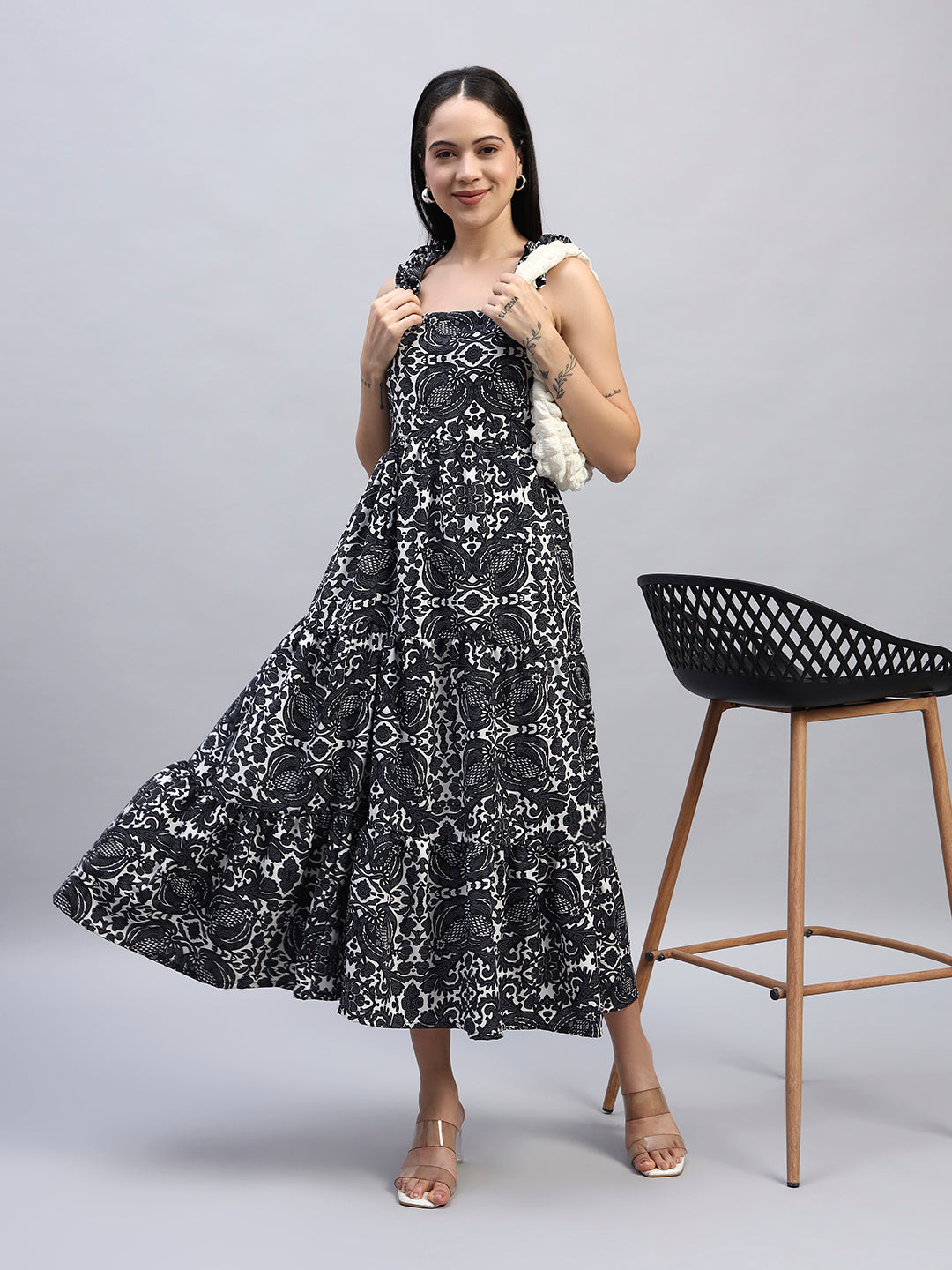 Women Flared Black & White Dress