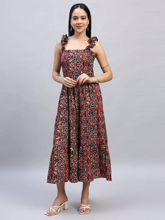 Women Floral Printed Red fit & Flared Dress