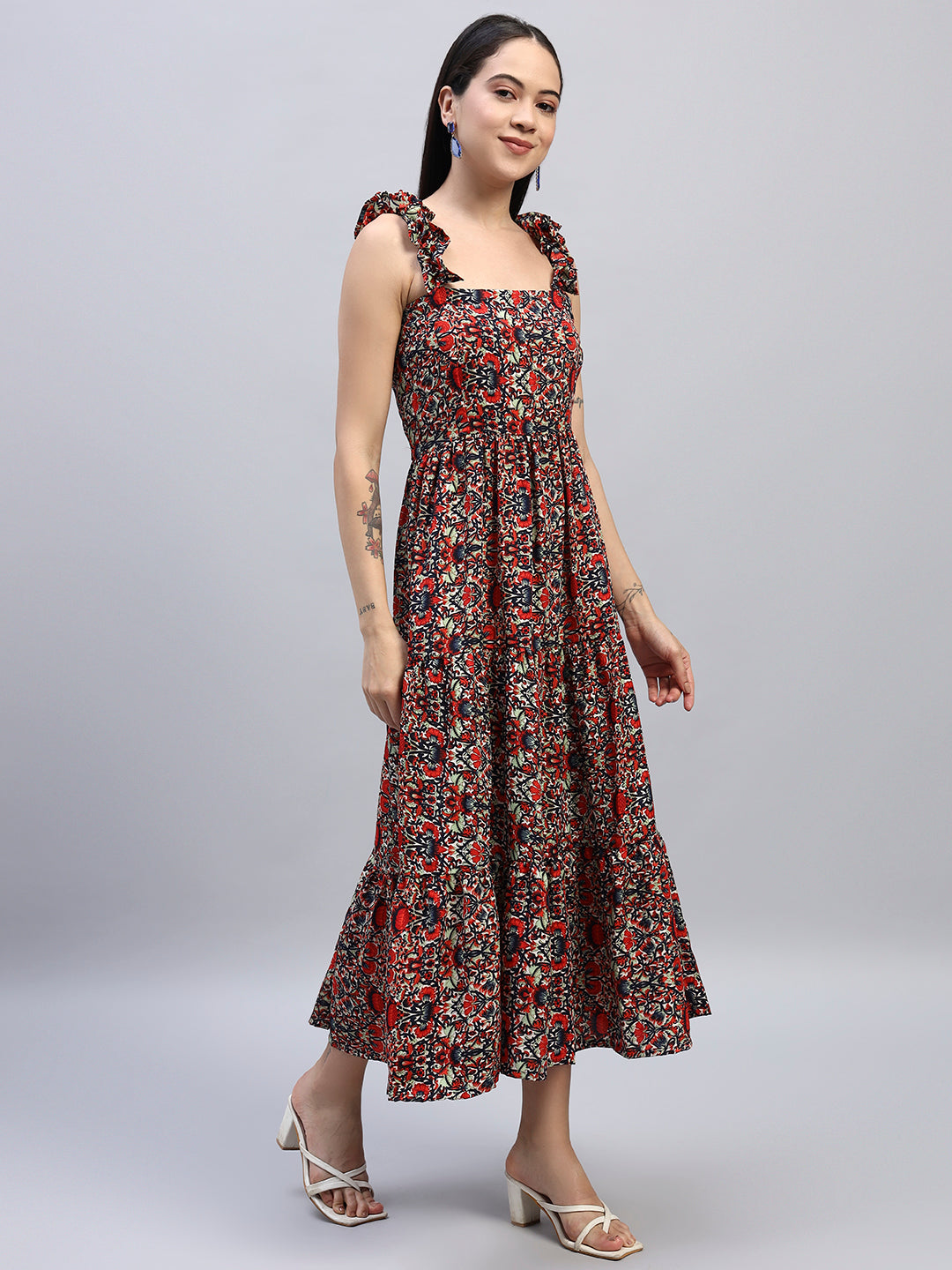 Women Floral Printed Red fit & Flared Dress