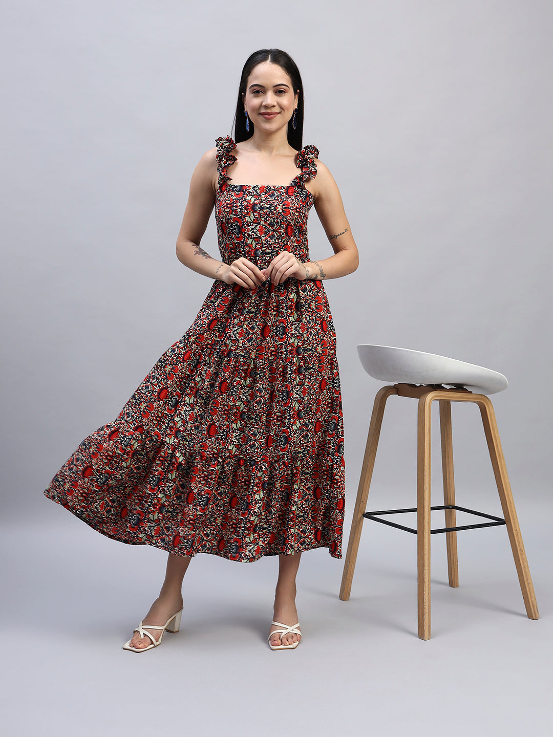 Women Floral Printed Red fit & Flared Dress