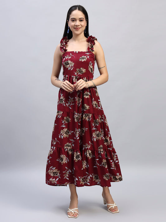 Red Floral Printed Flared Dress