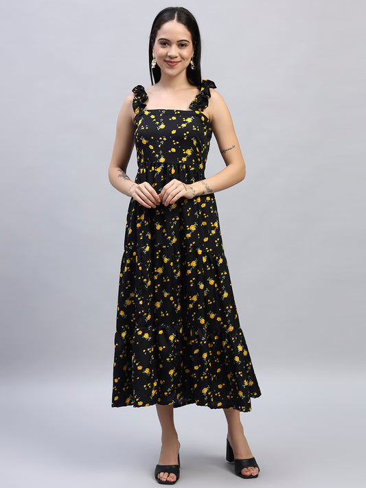 Floral Printed Black & Yellow Dress