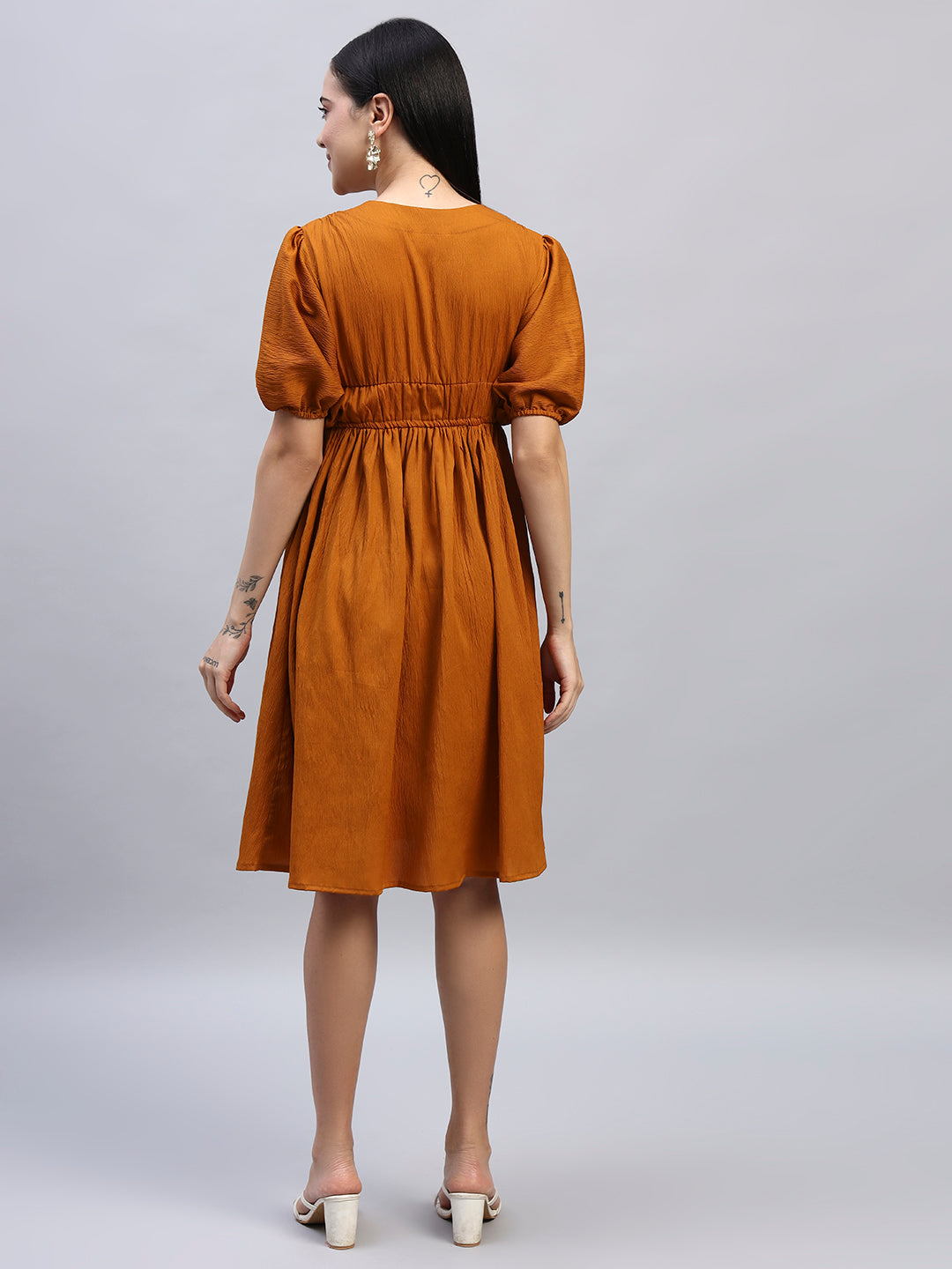 Women Mustard Solid Flared Dress