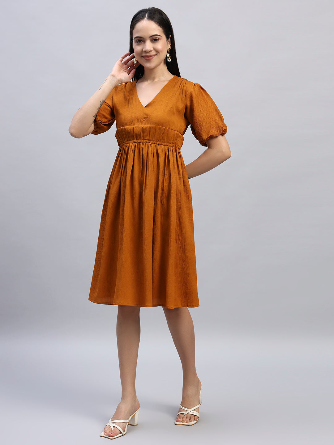 Women Mustard Solid Flared Dress