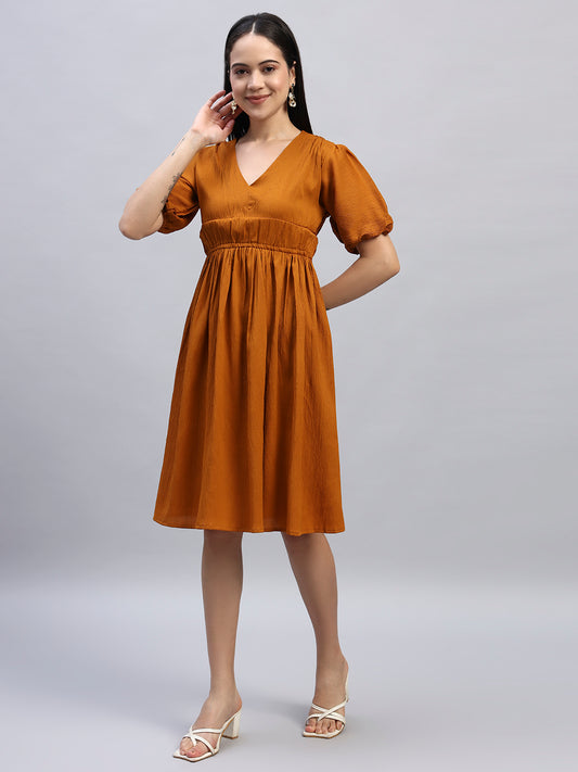 Women Mustard Solid Flared Dress