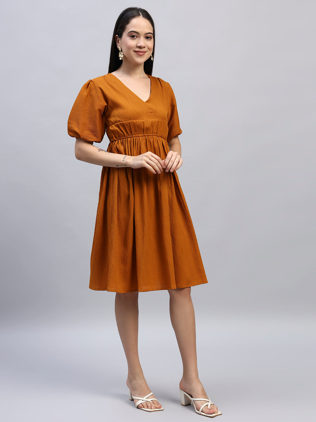 Women Mustard Solid Flared Dress
